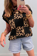 Red Leopard Checkerboard Short Sleeve Knit Sweater