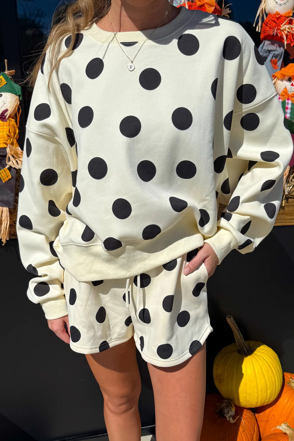 Pink Polka Dot Print Drop Shoulder Pullover Drawstring Shorts Set