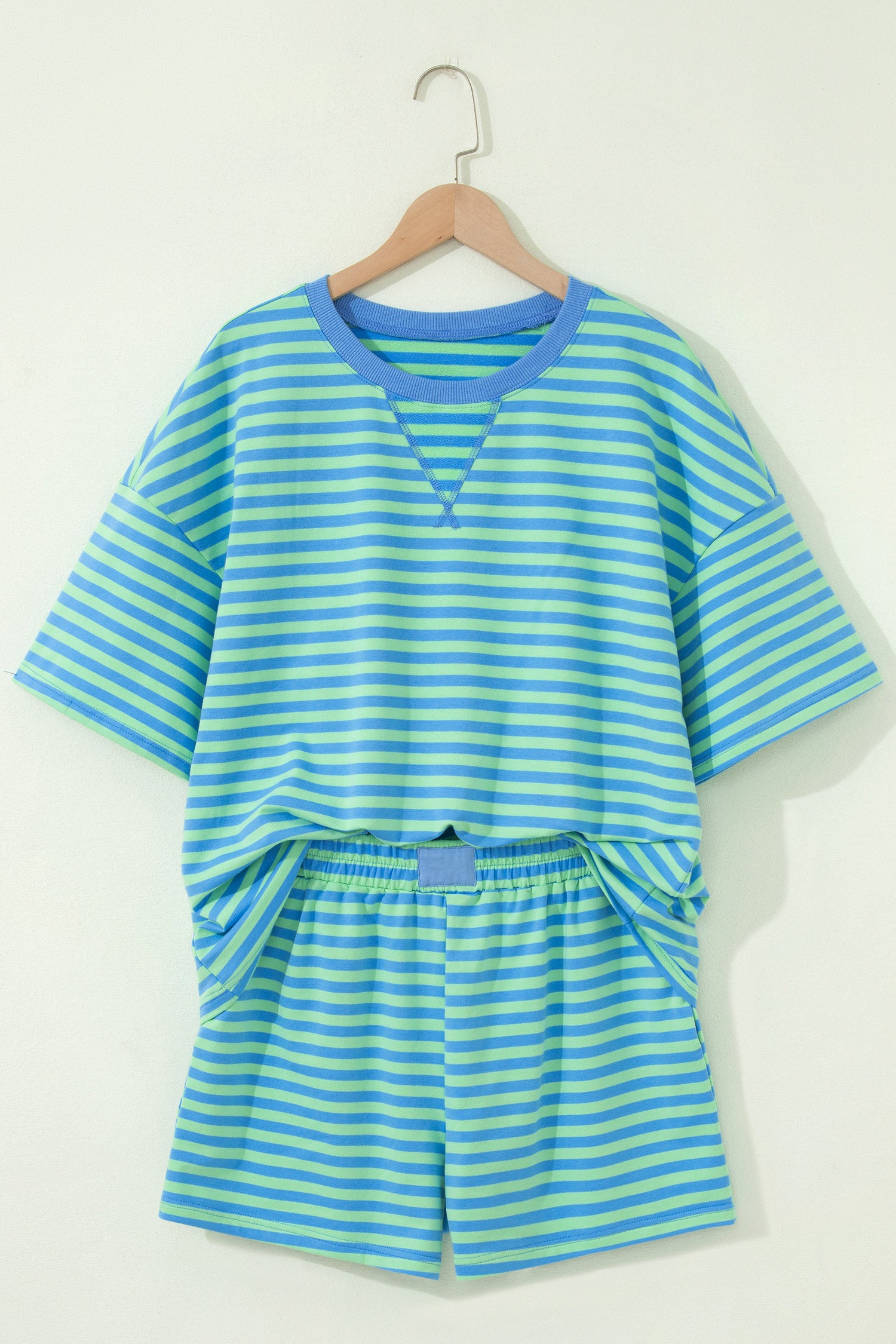 Blue Stripe Striped Ribbed Cotton Two-Piece Short Set with Chest Patch Detail