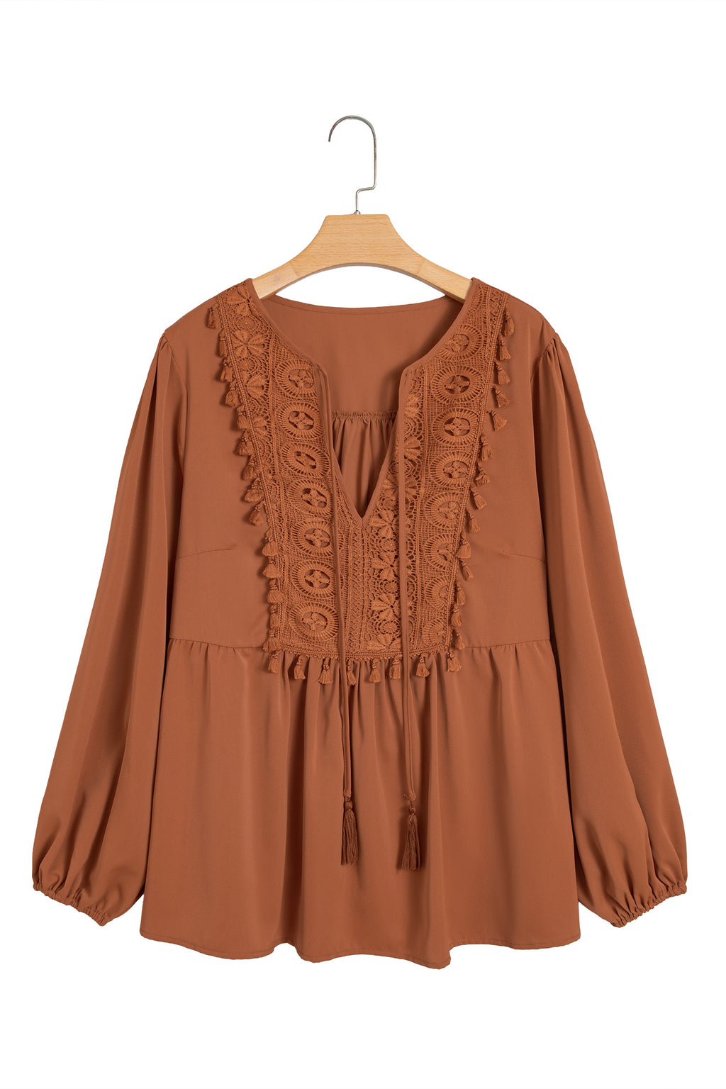 Chestnut Boho V Neck Embroidered Tassel Long Sleeve Plus Size Blouse
