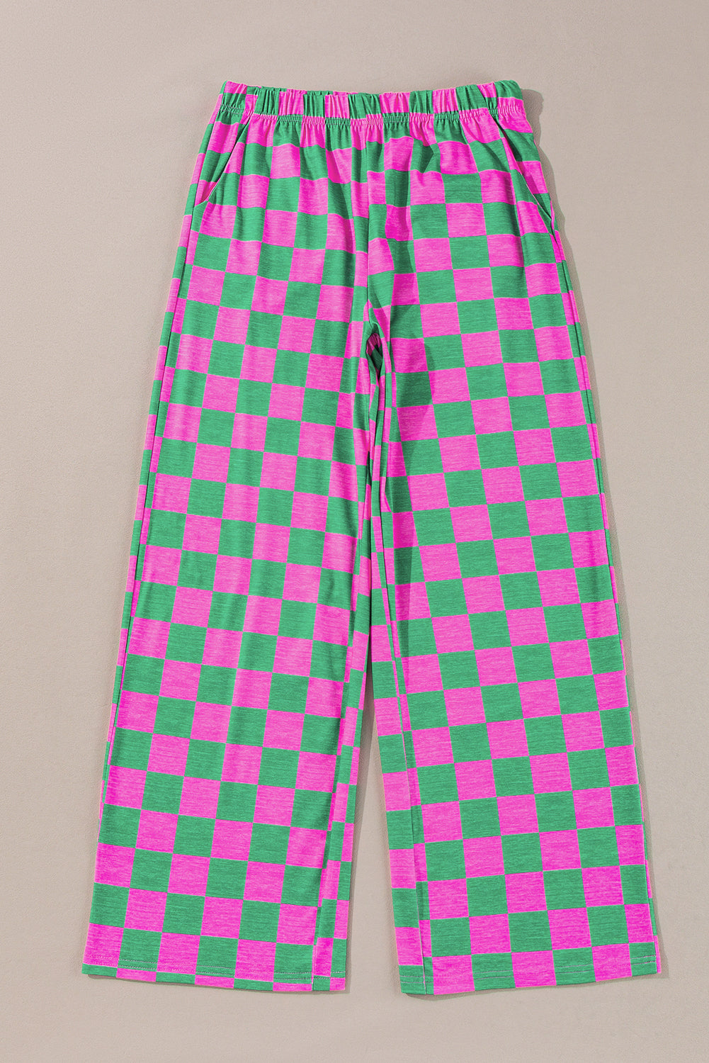 Red 2-Tone Checked Print High Waist Wide Leg Pants
