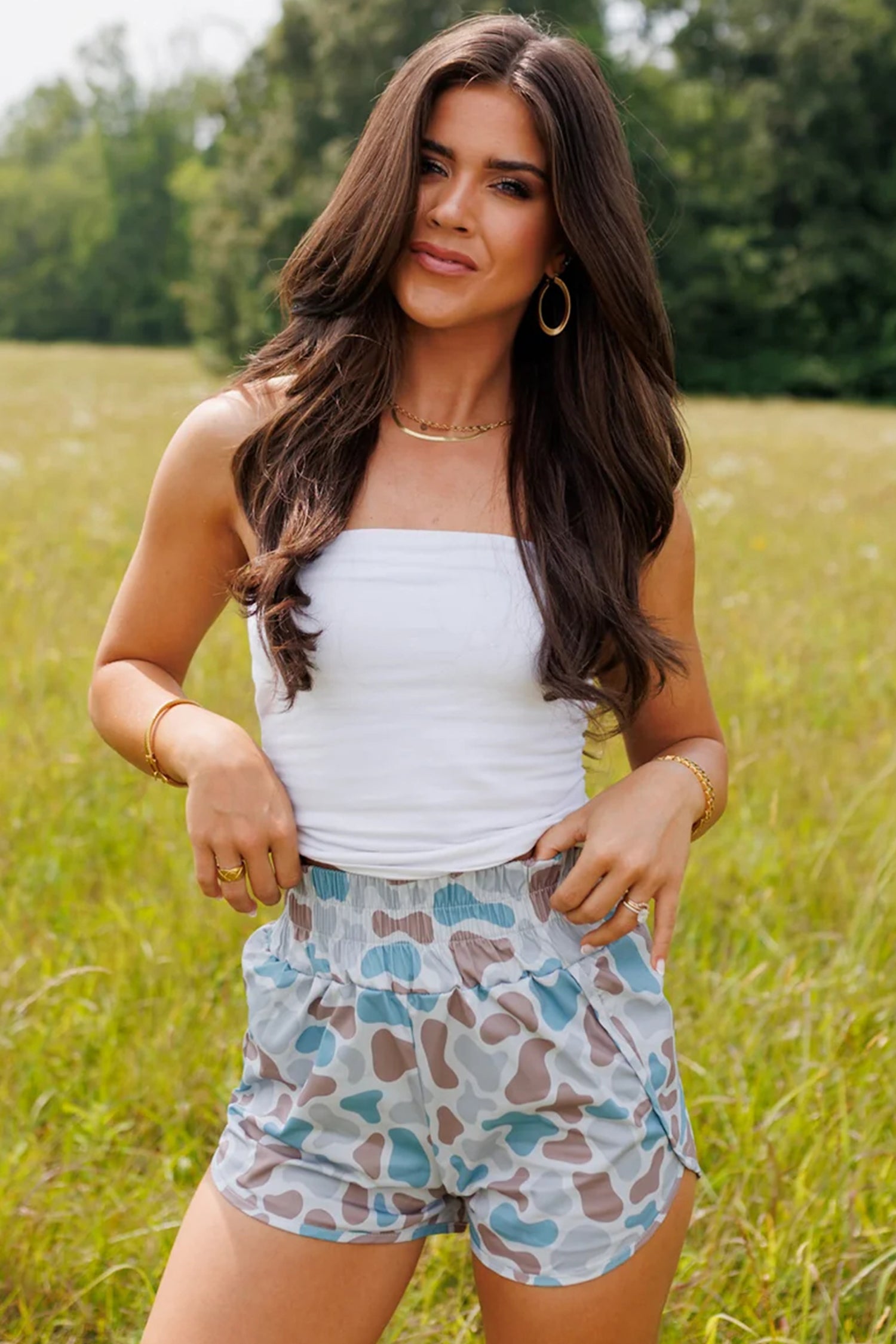 Green Camouflage Print Shirred High Waist Athleisure Shorts