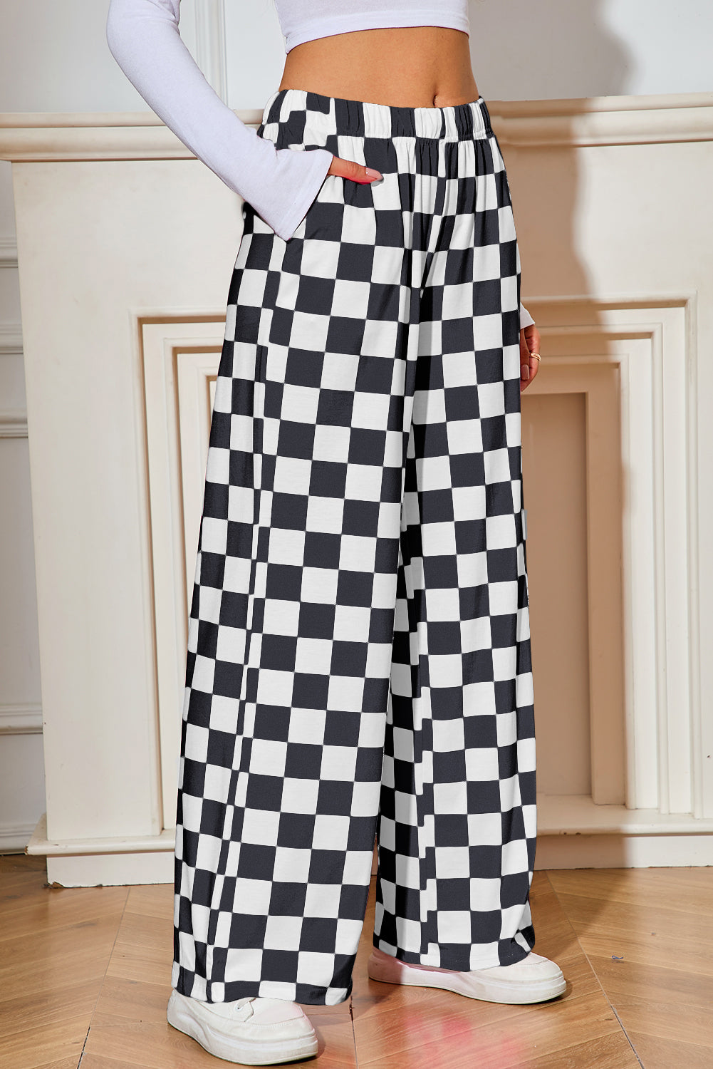Red 2-Tone Checked Print High Waist Wide Leg Pants