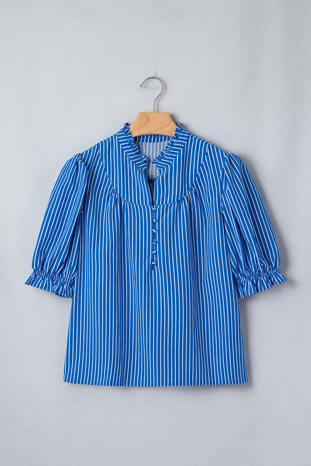Red Stripe Ruffled Short Puff Sleeve Button Front Blouse