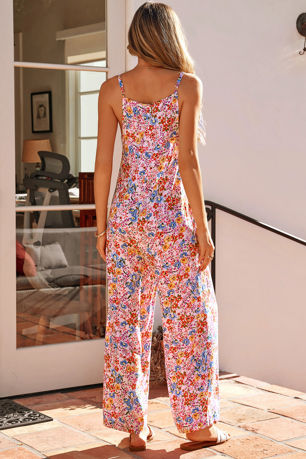 Green Floral Print Spaghetti Straps Loose Pocketed Jumpsuit