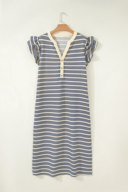 Blue Stripe Plus Size Contrast Trim Button V Neck Ruffle Sleeve Shift Dress