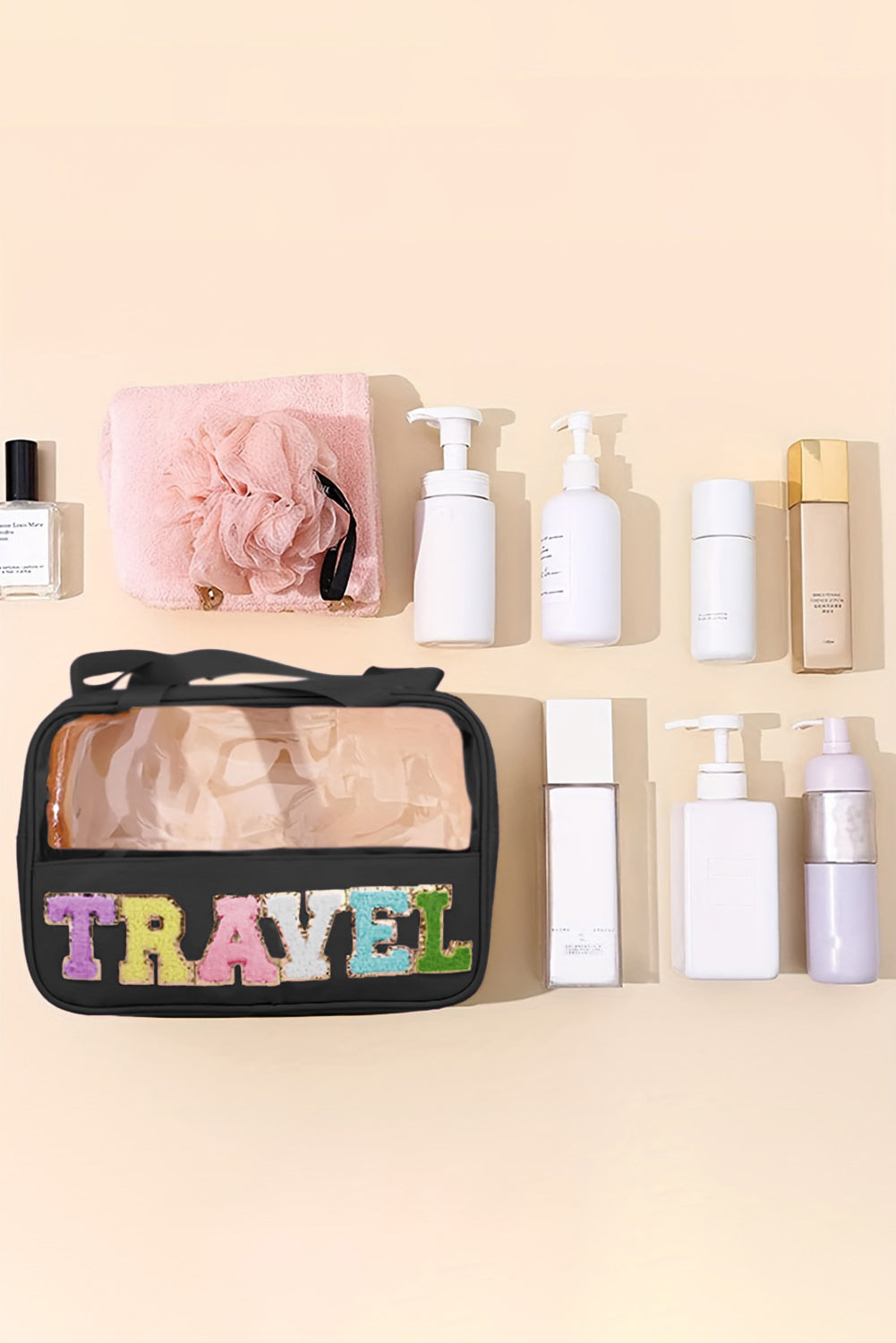 Purple TRAVEL Chenille Letter Clear PVC Makeup Bag