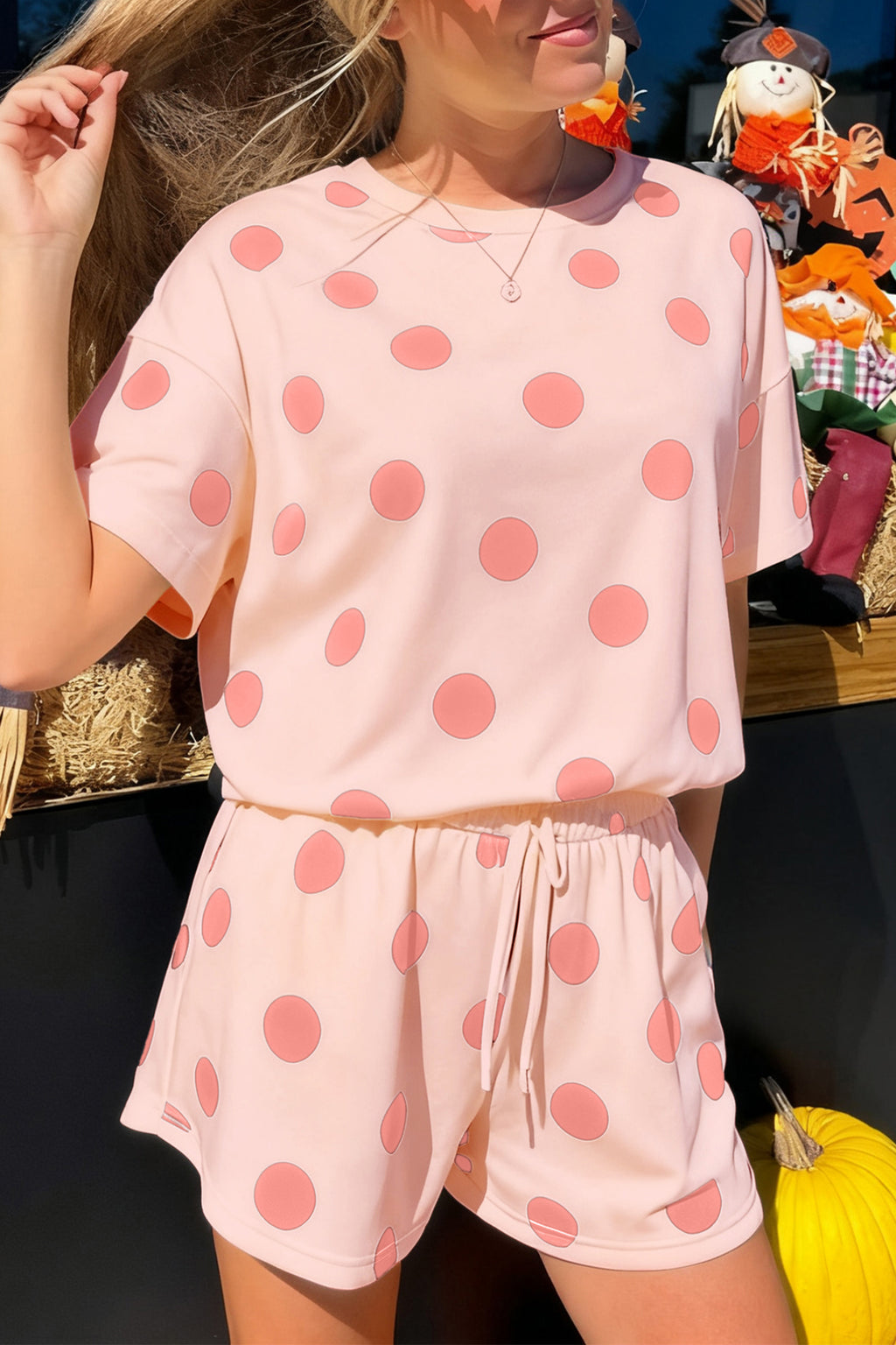 Sky Blue Polka Dot Print Loose Tee Drawstring Elastic Waist Short Set