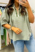 Red Plaid Short Sleeve Colorblock Trim Split Neck Blouse