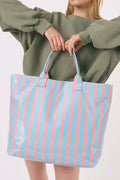 Light Blue Glossy Striped Vinyl Large Tote Bag (Color Varied)