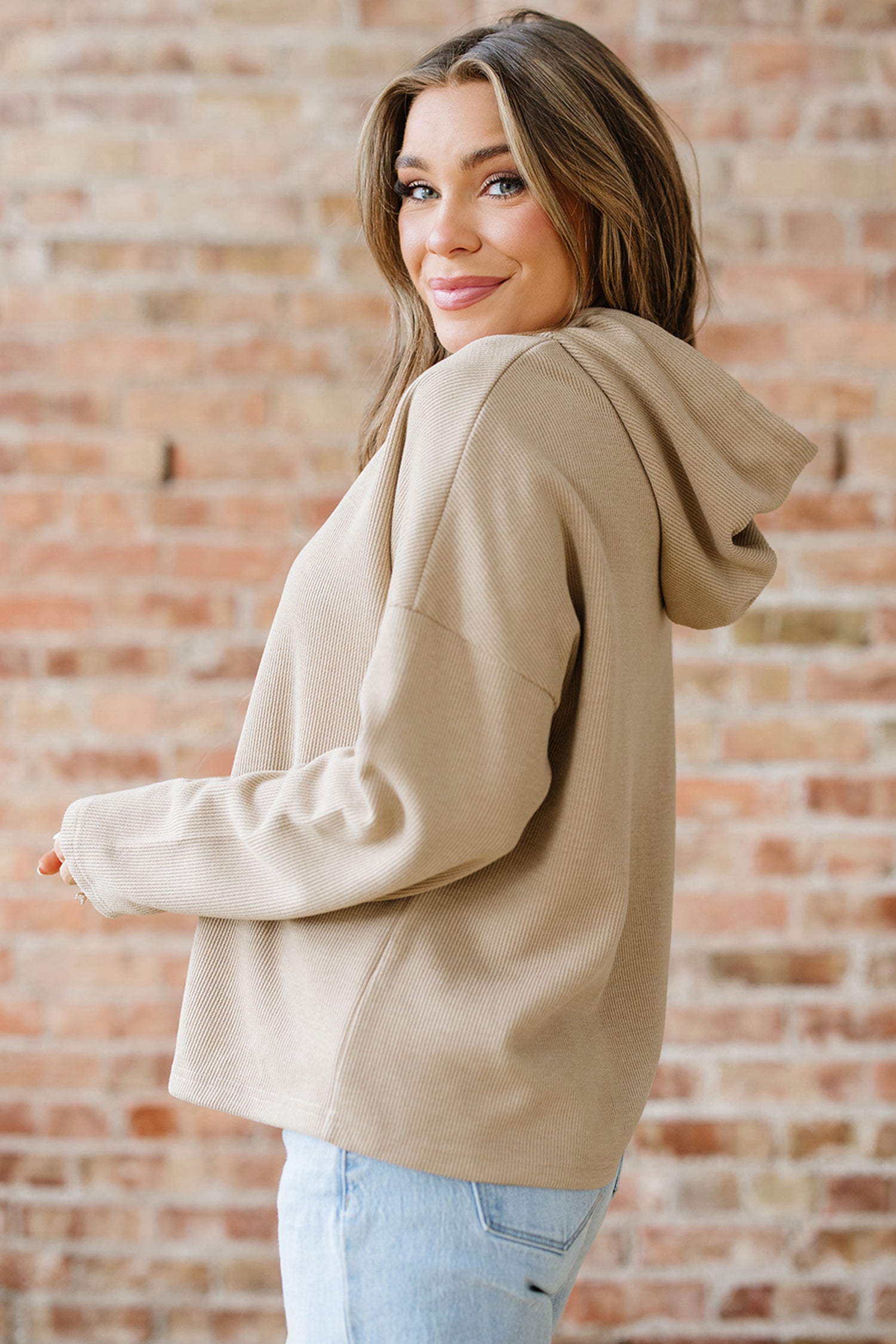 Parchment Thermal Textured Leopard Drawstring Baggy Hoodie