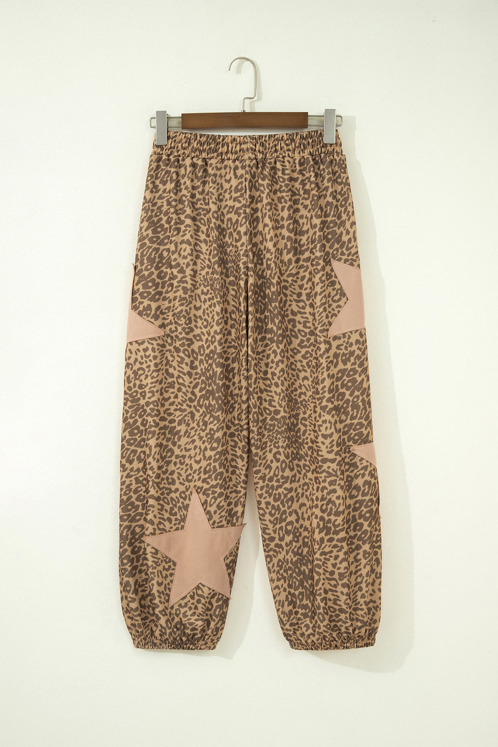 Gray Leopard Print Star Patched Drawstring Elastic Waist Jogger Pants