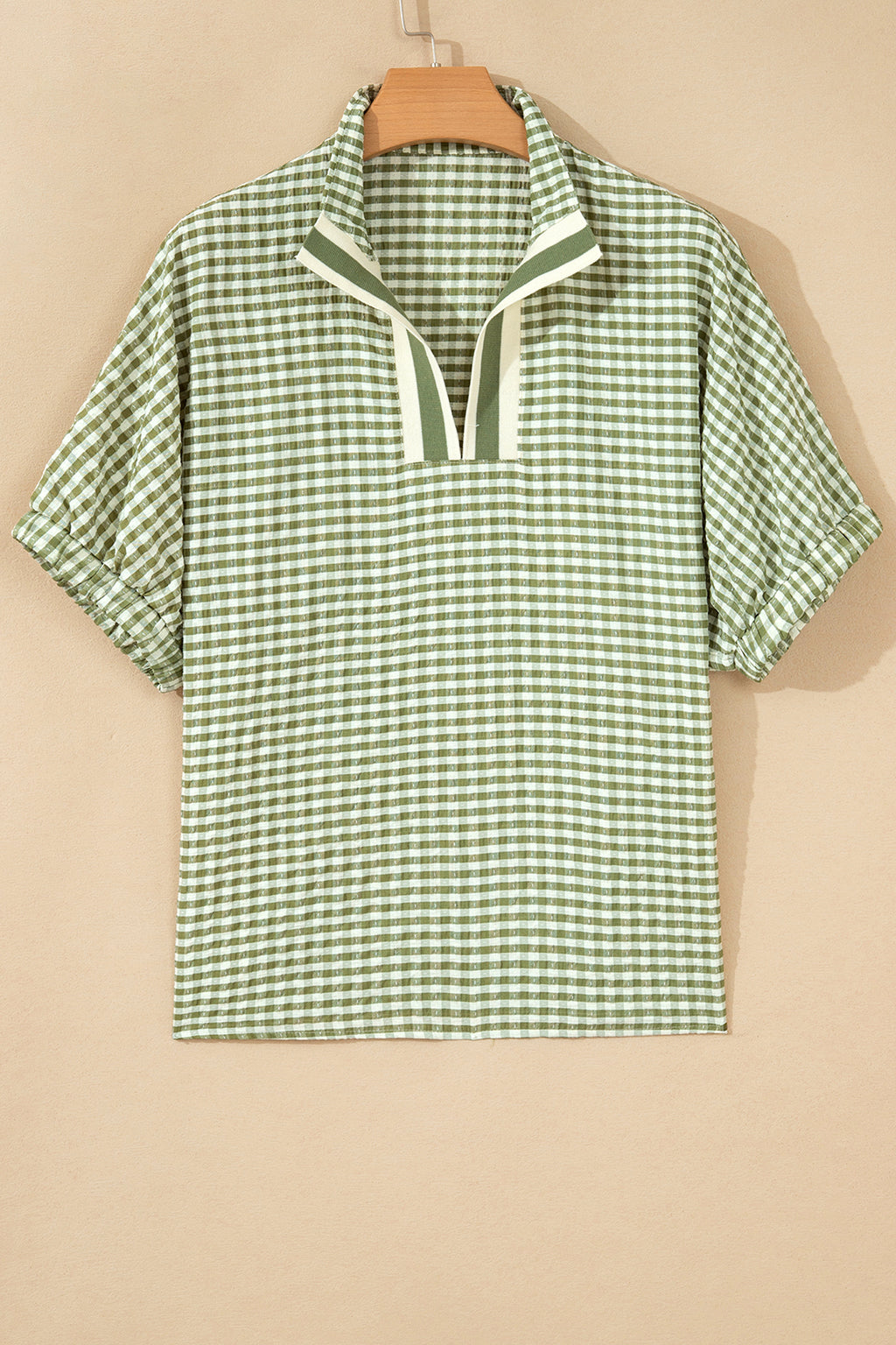 Red Plaid Short Sleeve Colorblock Trim Split Neck Blouse