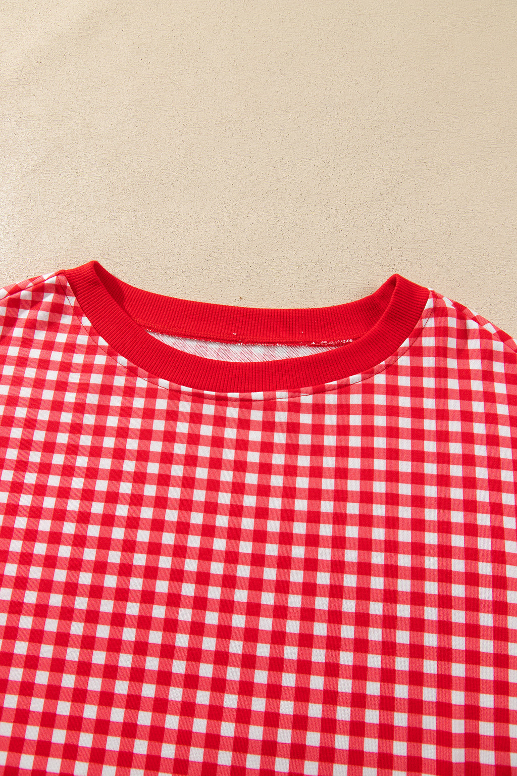 Red Gingham Oversized Ribbed Trim Crew Neck Long Sleeve Top and Skort Set