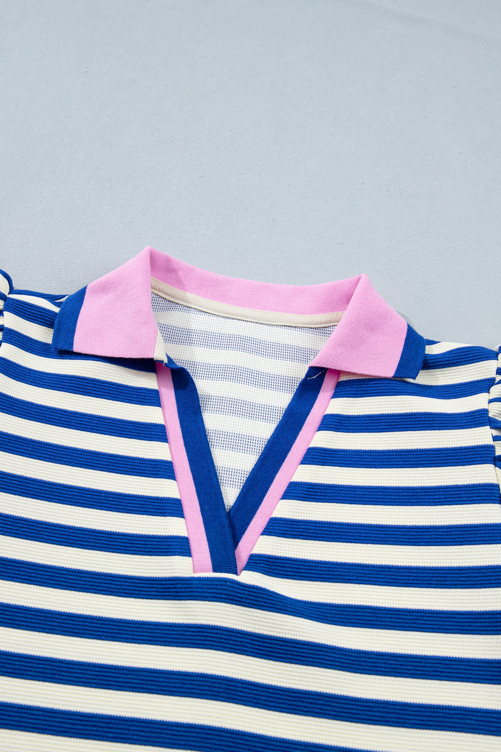 Green Stripe Contrast Trim Polo Collar Ruffled Short Sleeve Blouse