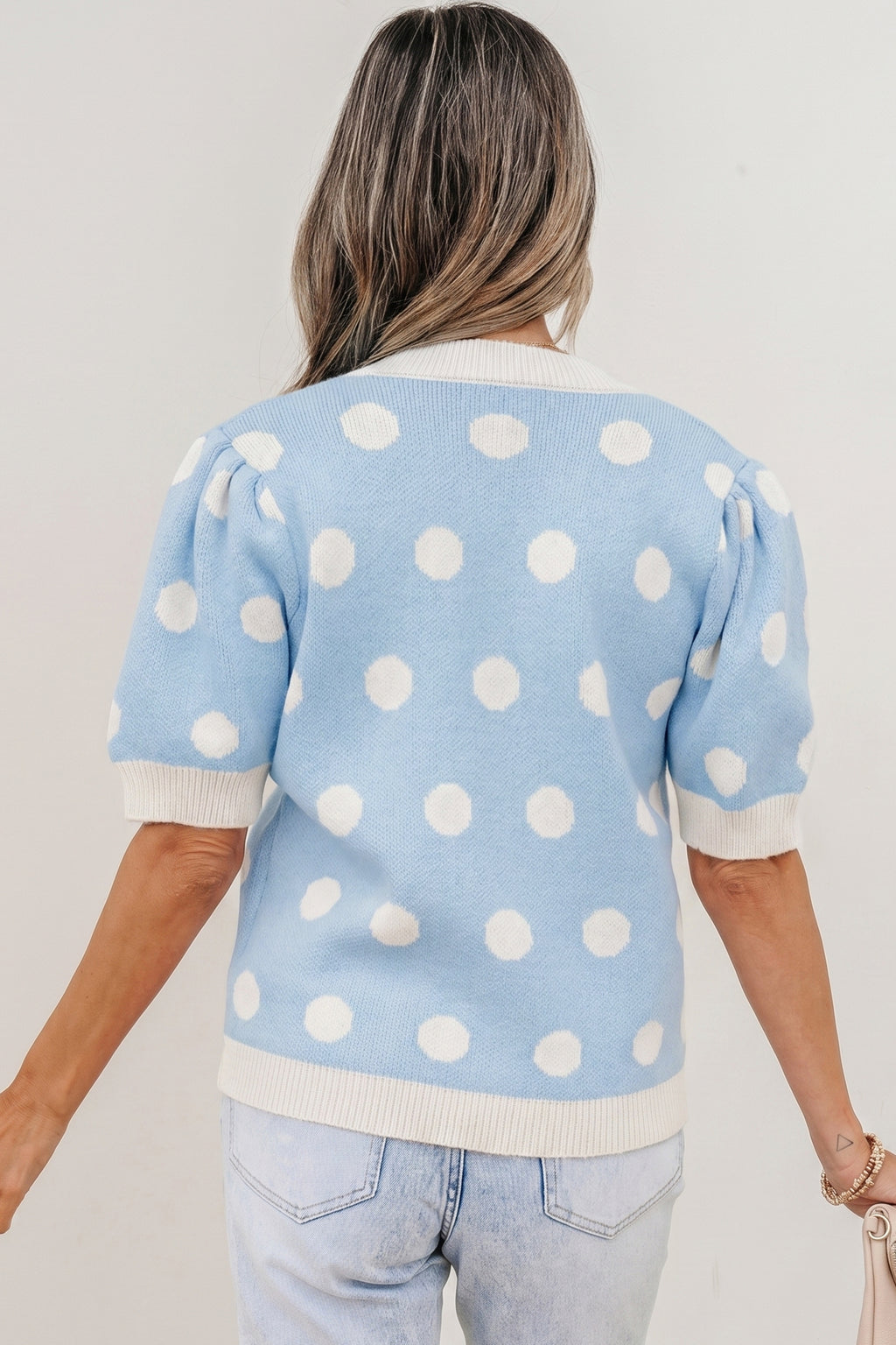 Pink Polka Dot Puff Short Sleeve Sweater Top