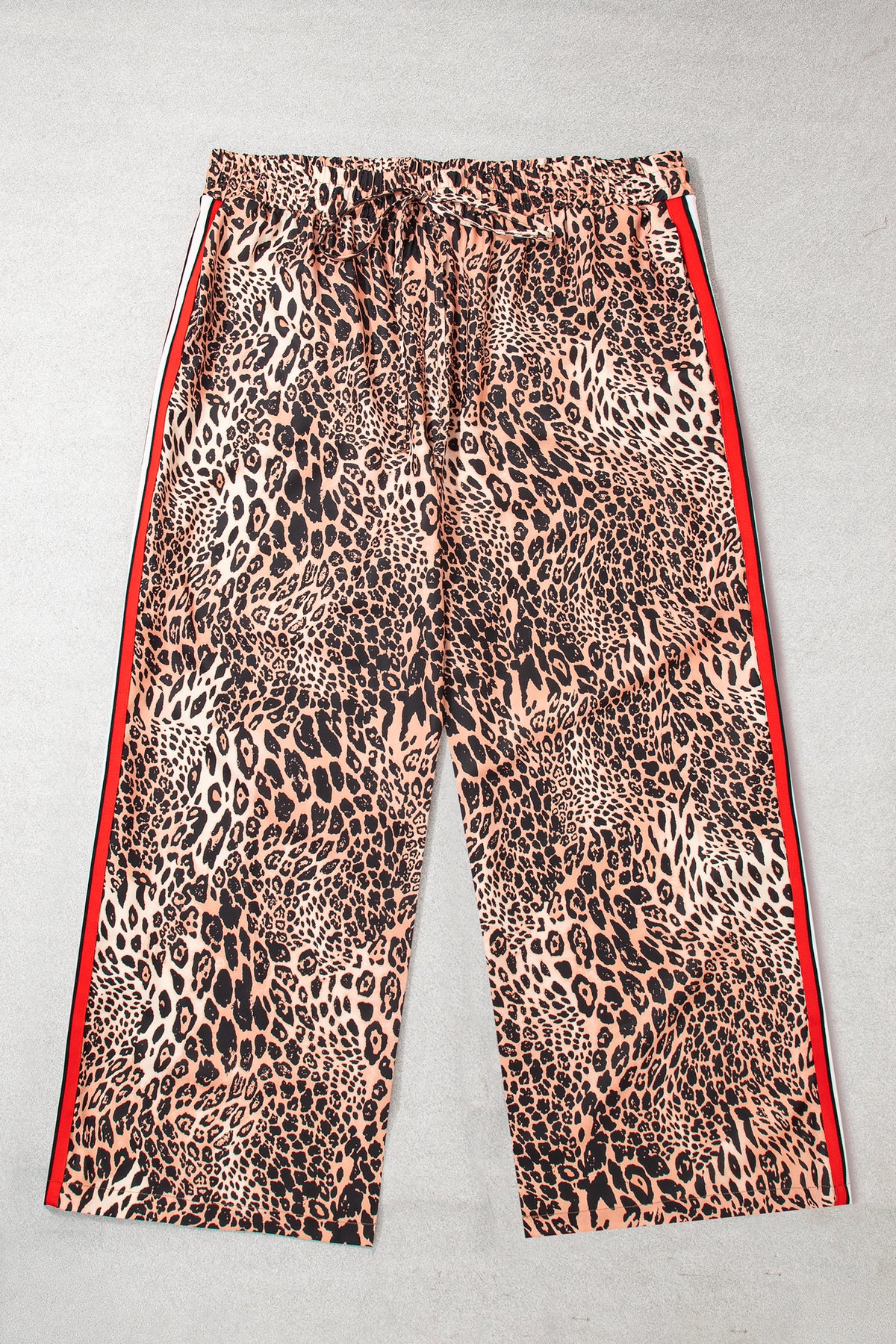 Khaki Leopard Print Colorblock Side Stripes Wide Leg Full Length Plus Size Pants