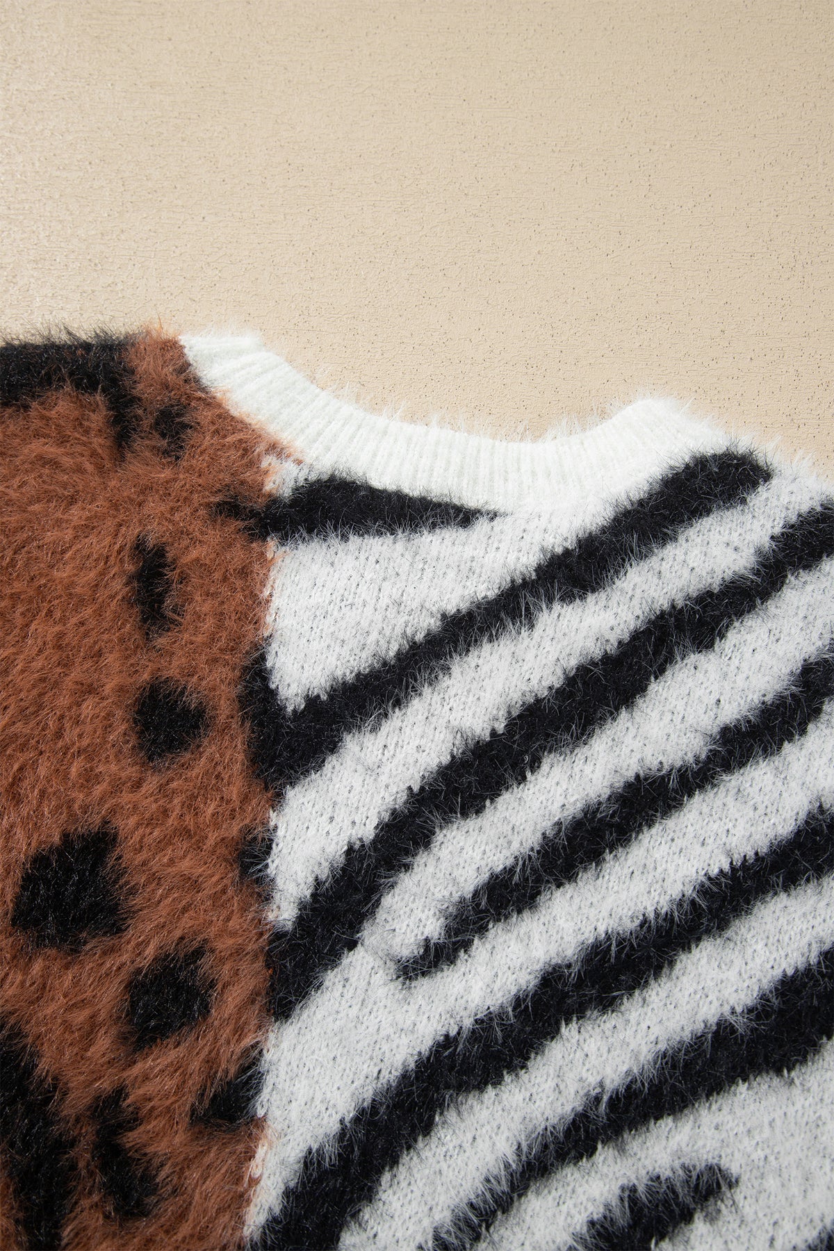Coffee Western Leopard Zebra Print Long Sleeve Round Neck Sweater