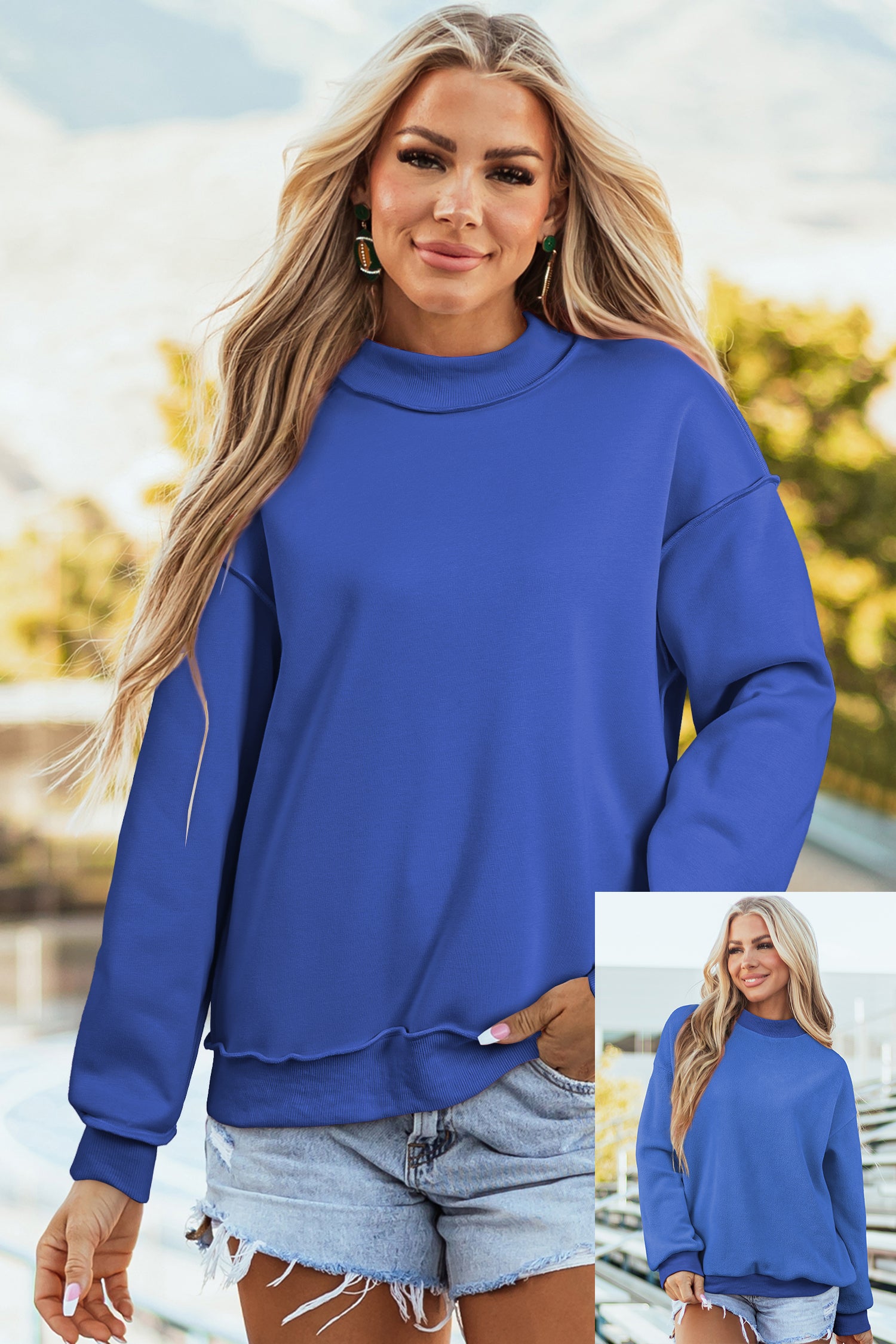 Bright Green Oversize Drop Shoulder Reversible Mock Neck Sweatshirt