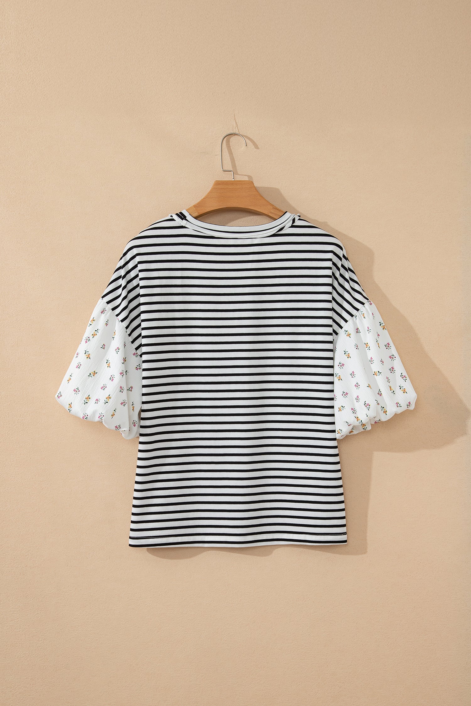 Red Stripe Floral Puff Sleeve Patchwork Round Neck Loose Top