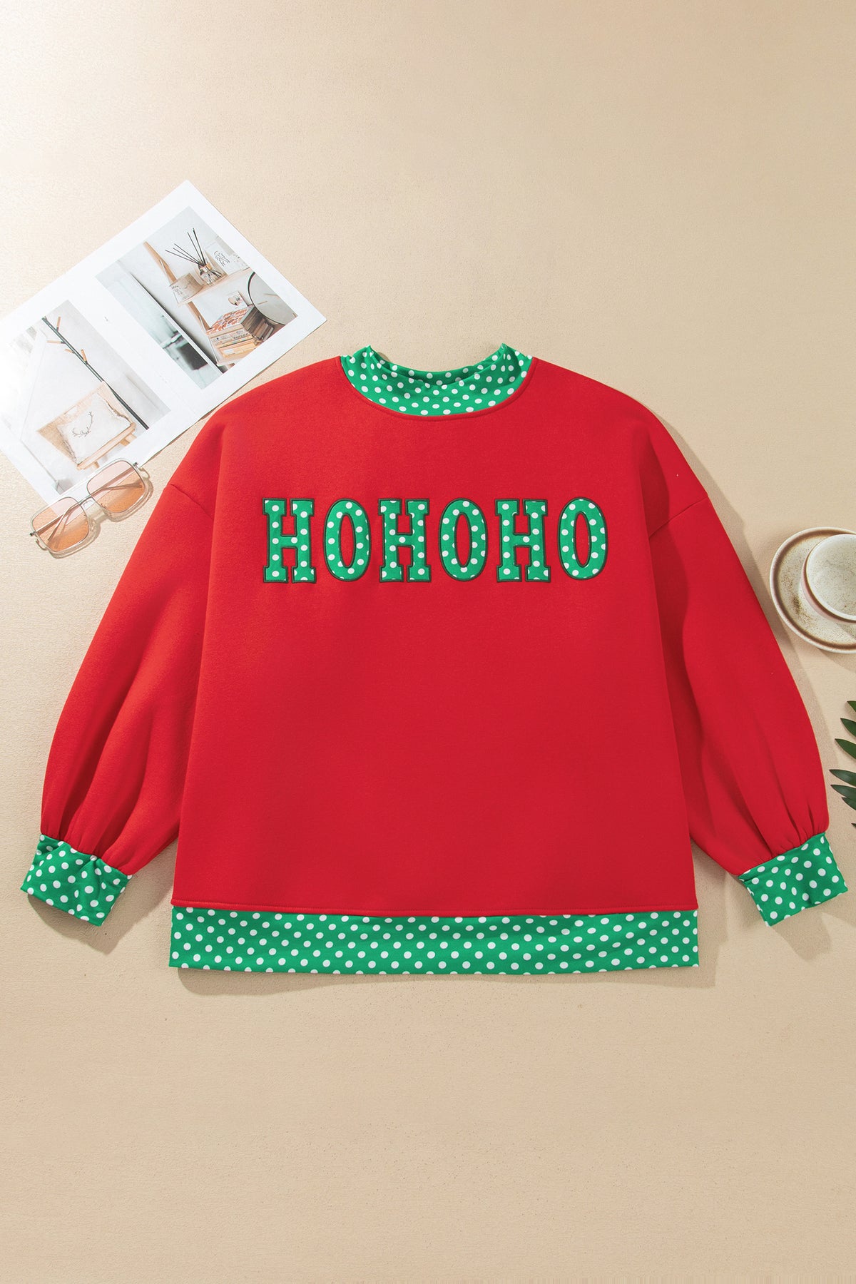 Tomato Red Casual Polka Dot Patchwork Letter Graphic Plus Size Sweatshirt