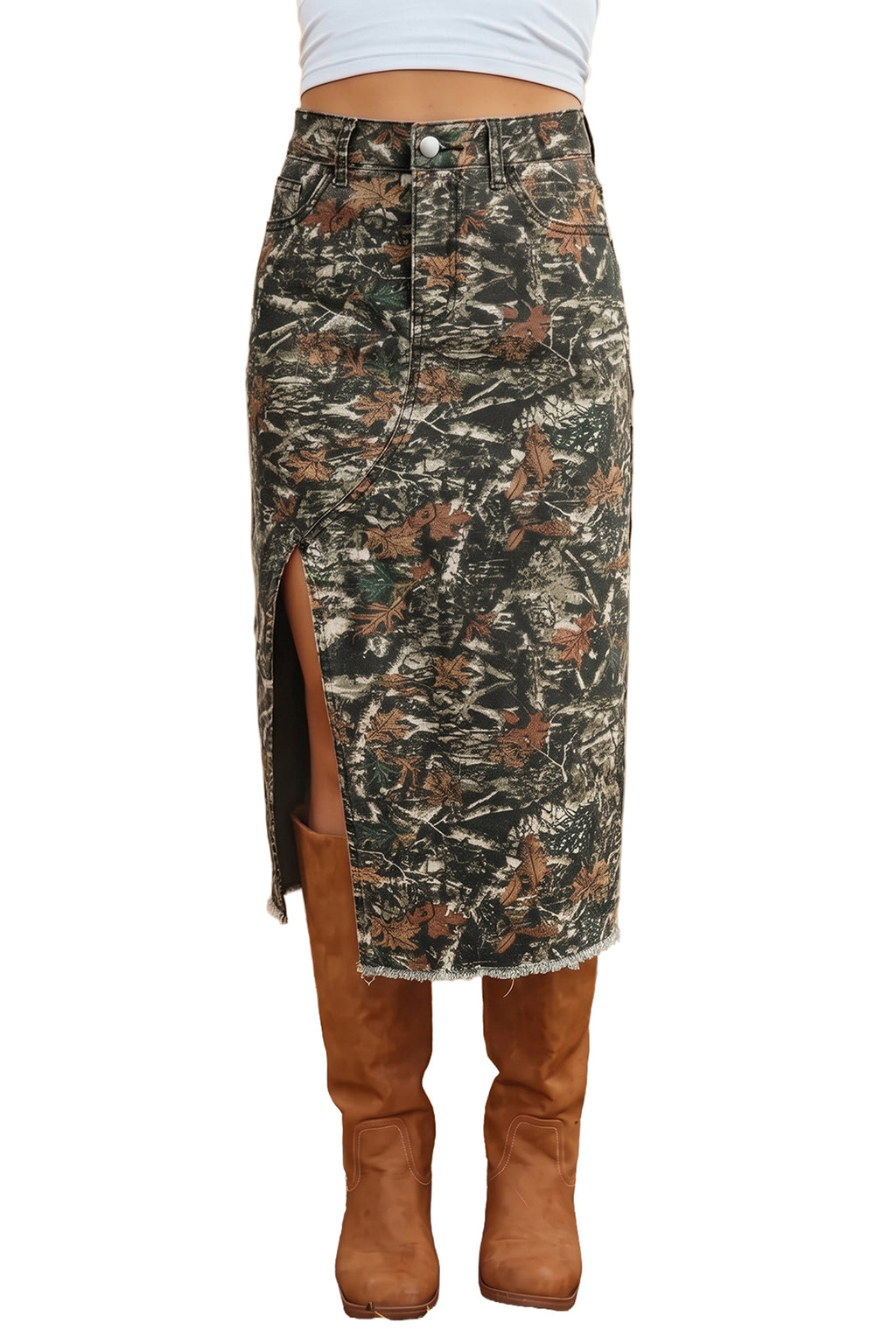 Multicolour Woodland Camouflage Split Raw Hem Midi Western Skirt