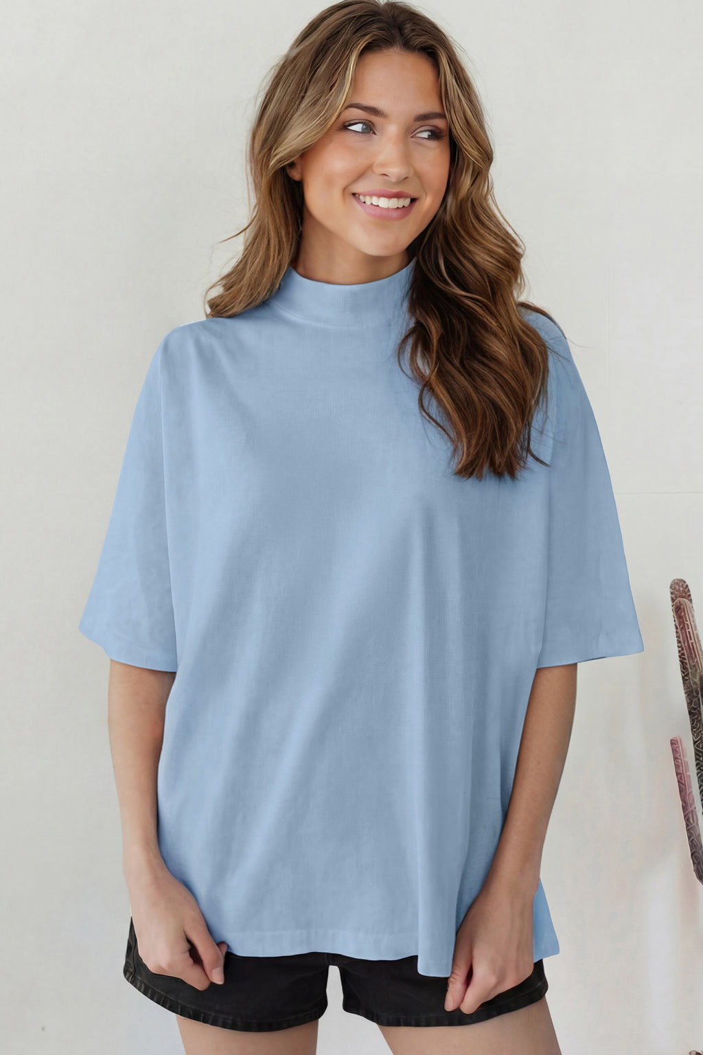 Sachet Pink Solid Color High Neck Oversize Tee