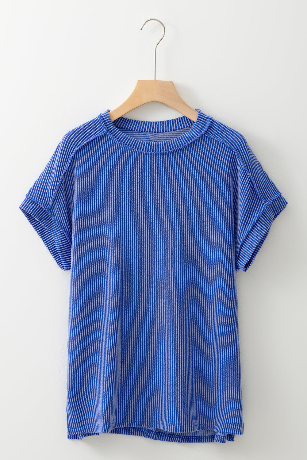 Dark Blue Crinkle Rib Textured Round Neck T Shirt