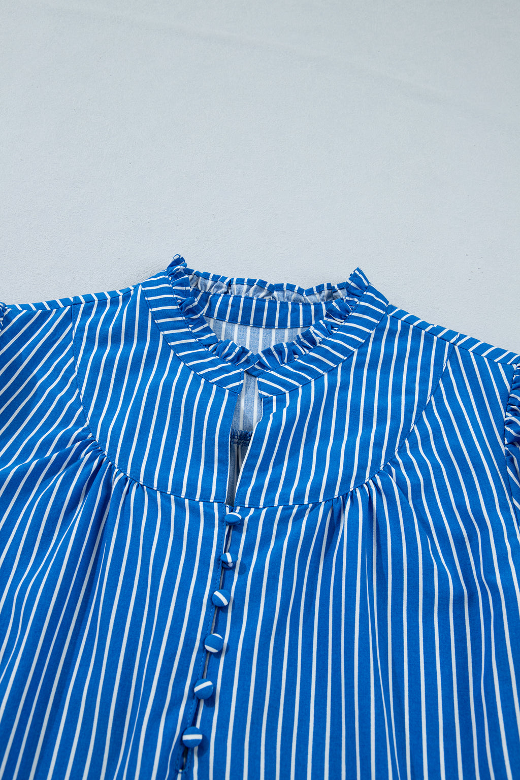 Red Stripe Ruffled Short Puff Sleeve Button Front Blouse