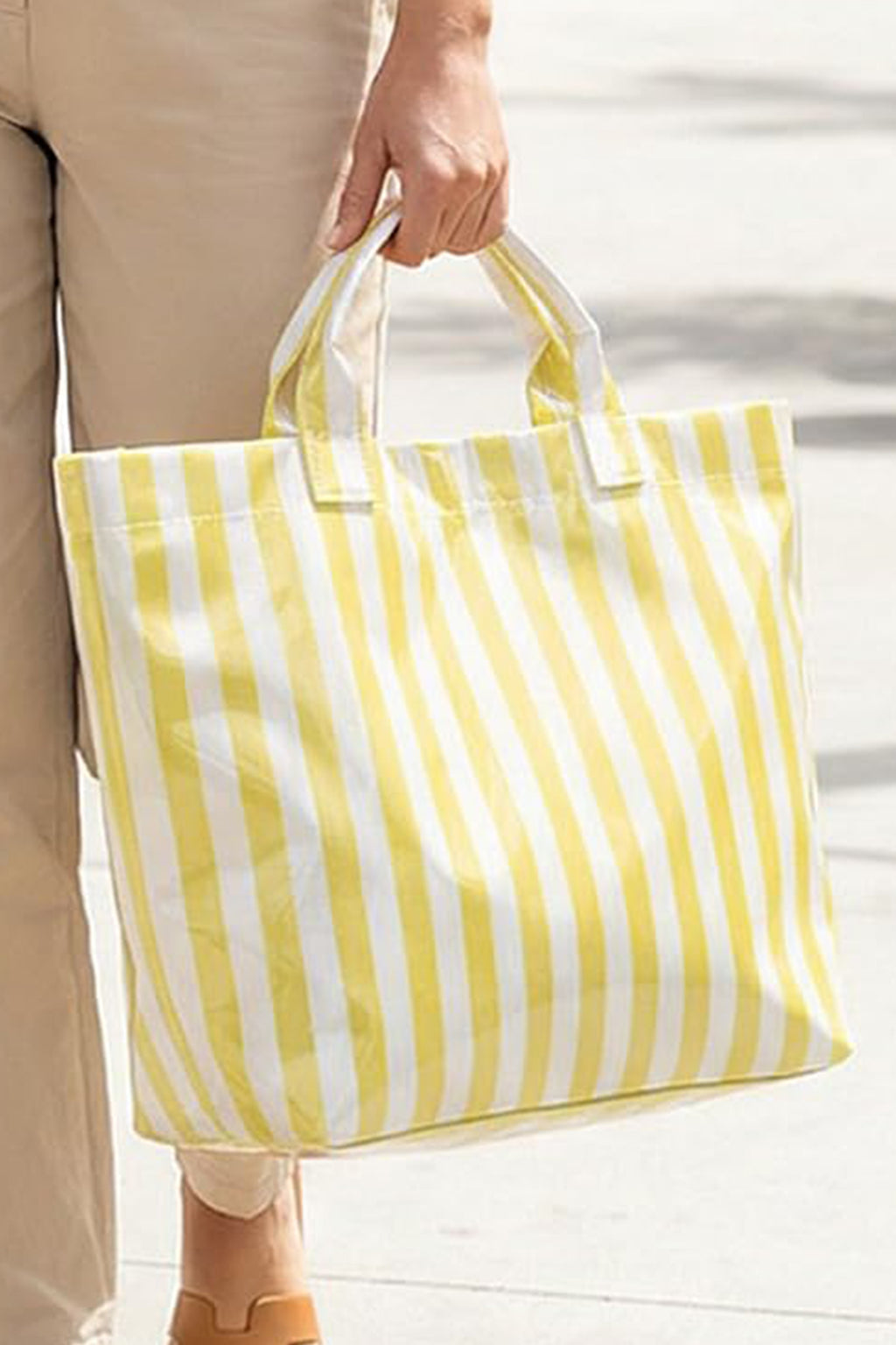 Light Blue Glossy Striped Vinyl Large Tote Bag (Color Varied)