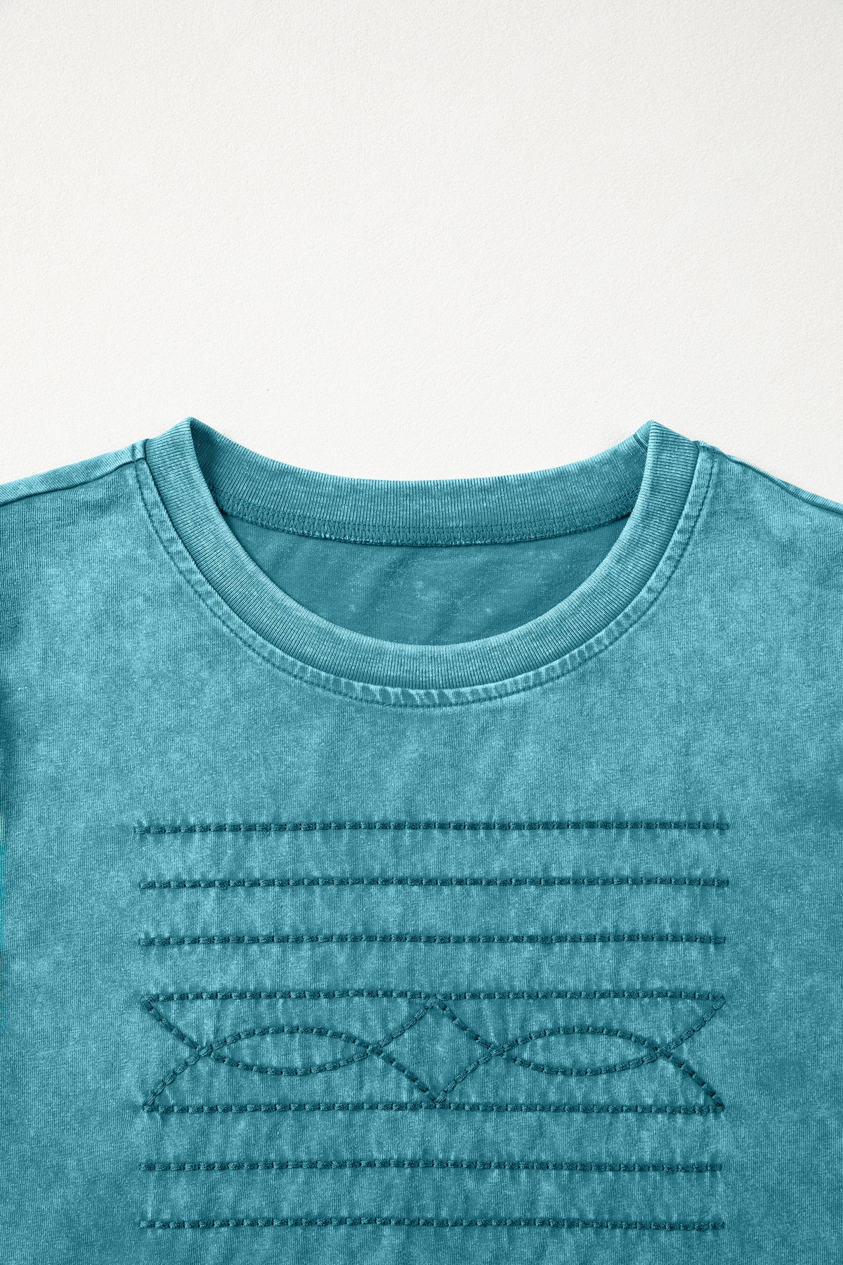Turquoise Mineral Wash Western Embroidered Detail Short Puff Sleeve Cotton Tee