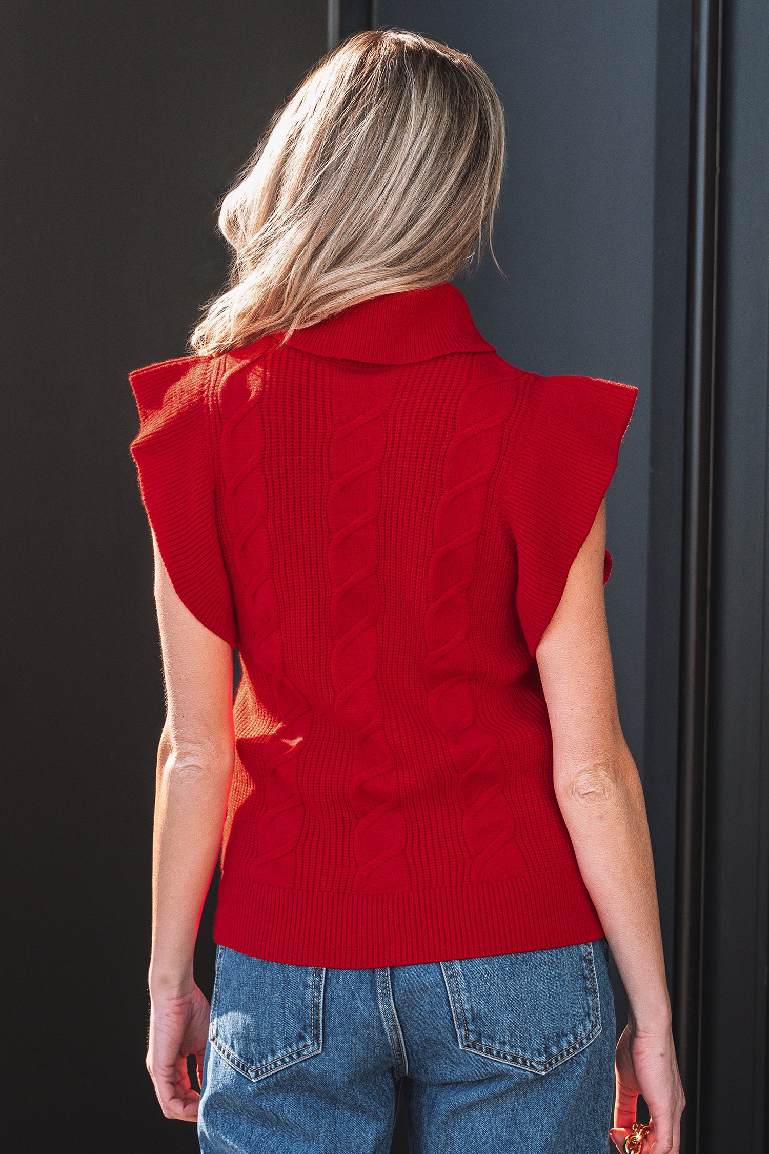 Jet Stream Cable Knit Turtleneck Ruffled Short Sleeve Sweater