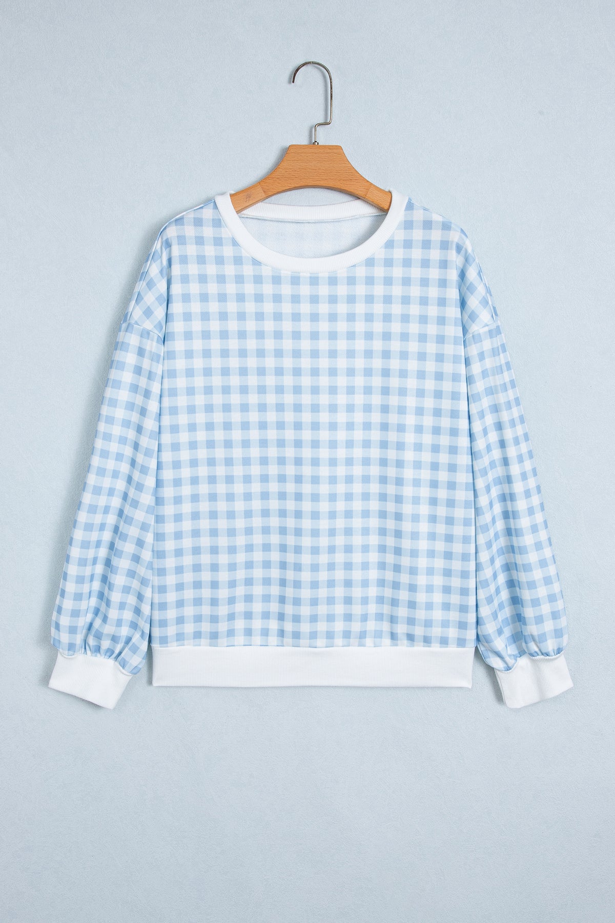 Light Blue Plaid Round Neck Long Sleeve Sweatshirt