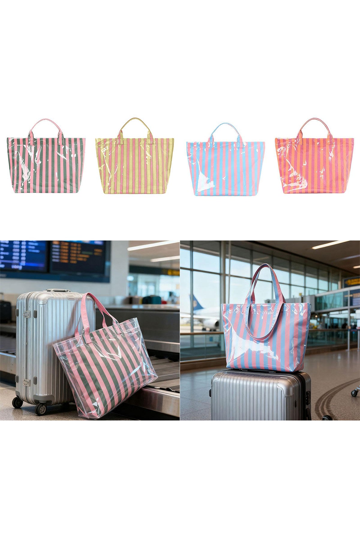 Light Blue Glossy Striped Vinyl Large Tote Bag (Color Varied)