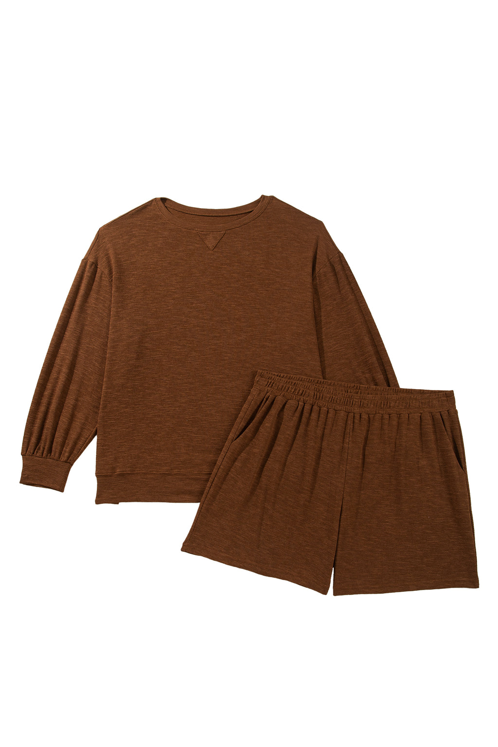Chestnut Drop Shoulder Long Sleeve Top Elastic Waist Shorts Plus Size Set