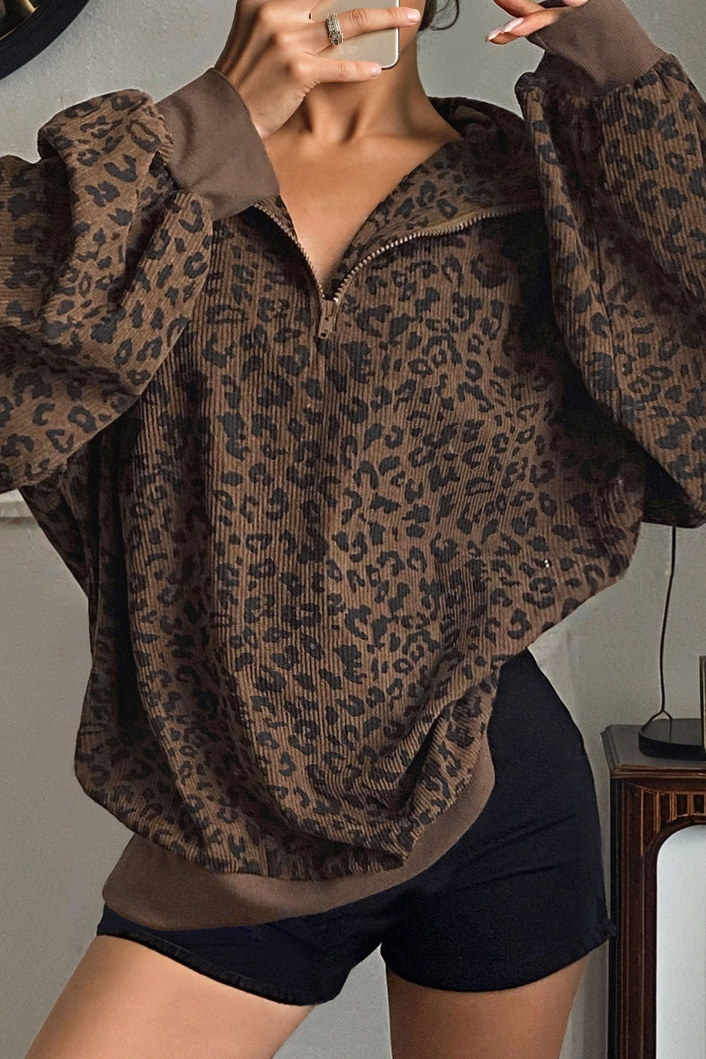 Beige Leopard Print Quarter Zip Corduroy Sweatshirt