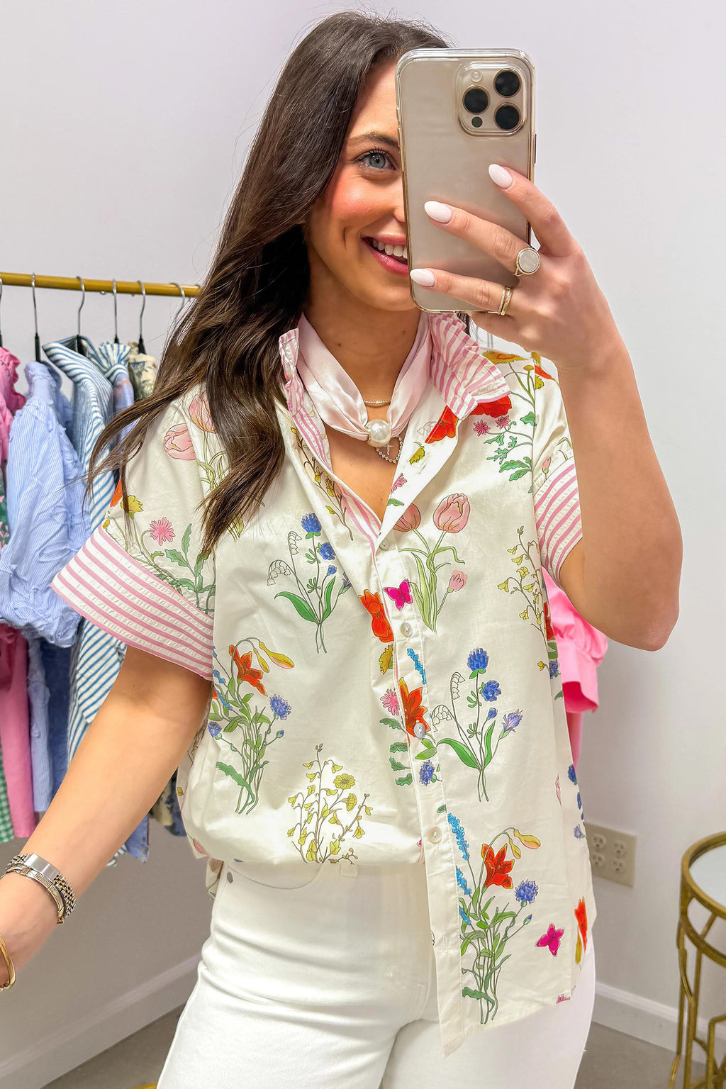 Sky Blue Floral Striped Patchwork Ruffled Collar Short Sleeve Shirt