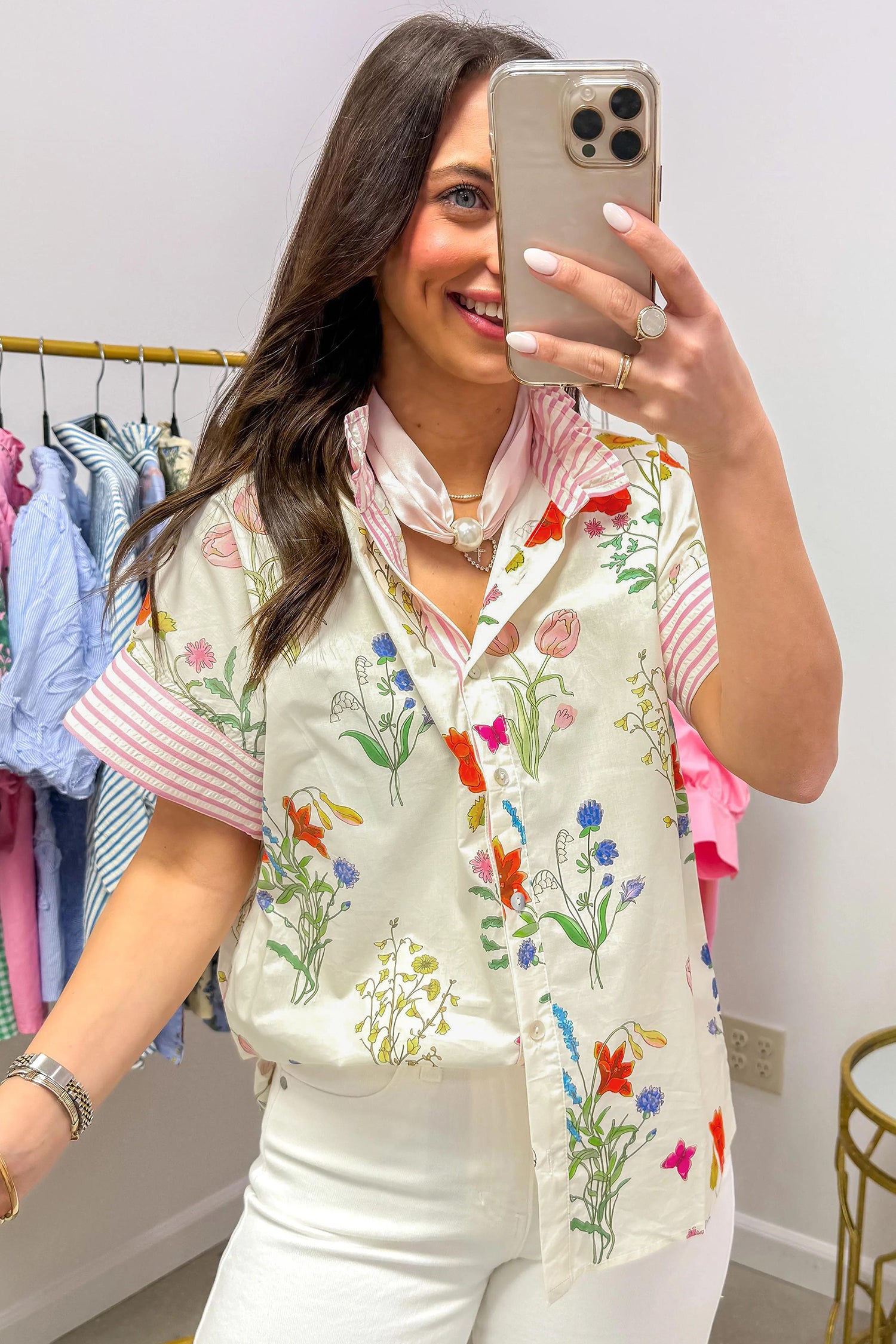 Sky Blue Floral Striped Patchwork Ruffled Collar Short Sleeve Shirt