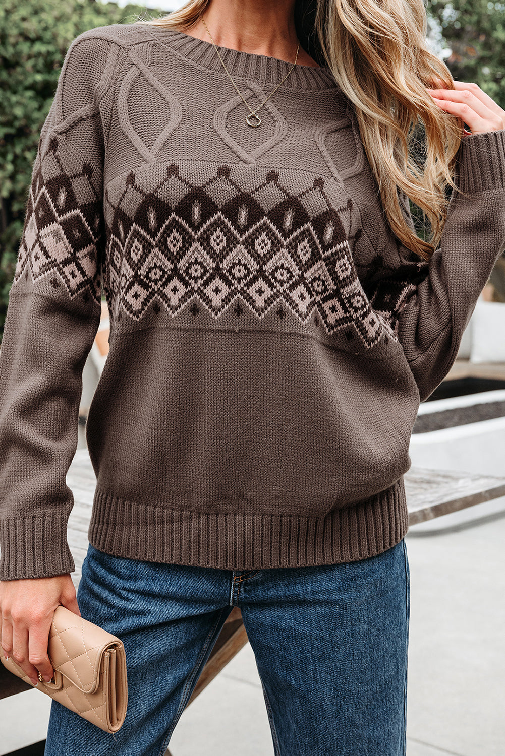 Light French Beige Western Geometric Patterned Crew Neck Knitted Sweater