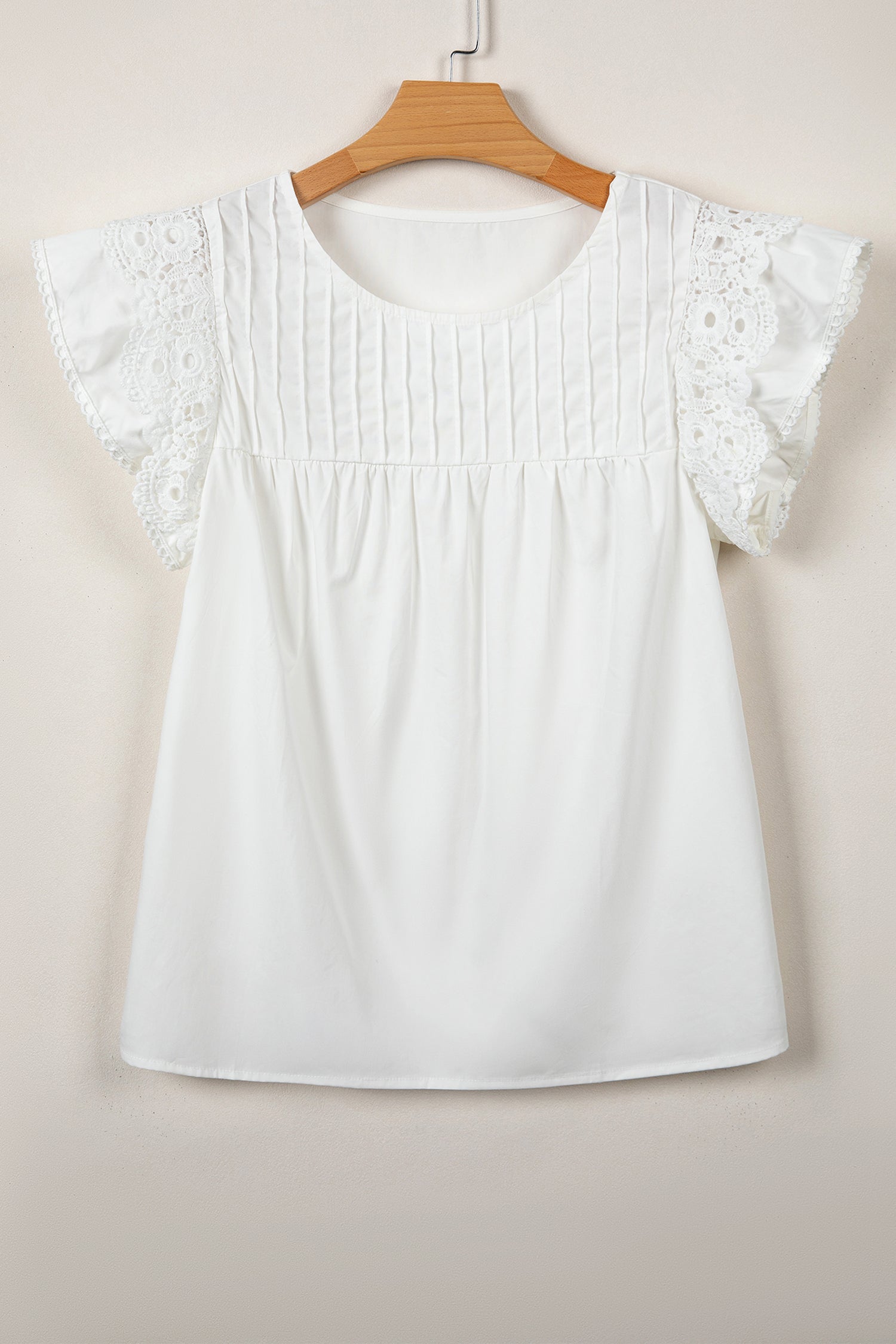 Bonbon Lace Detail Flutter Sleeve Pleated Round Neck Blouse