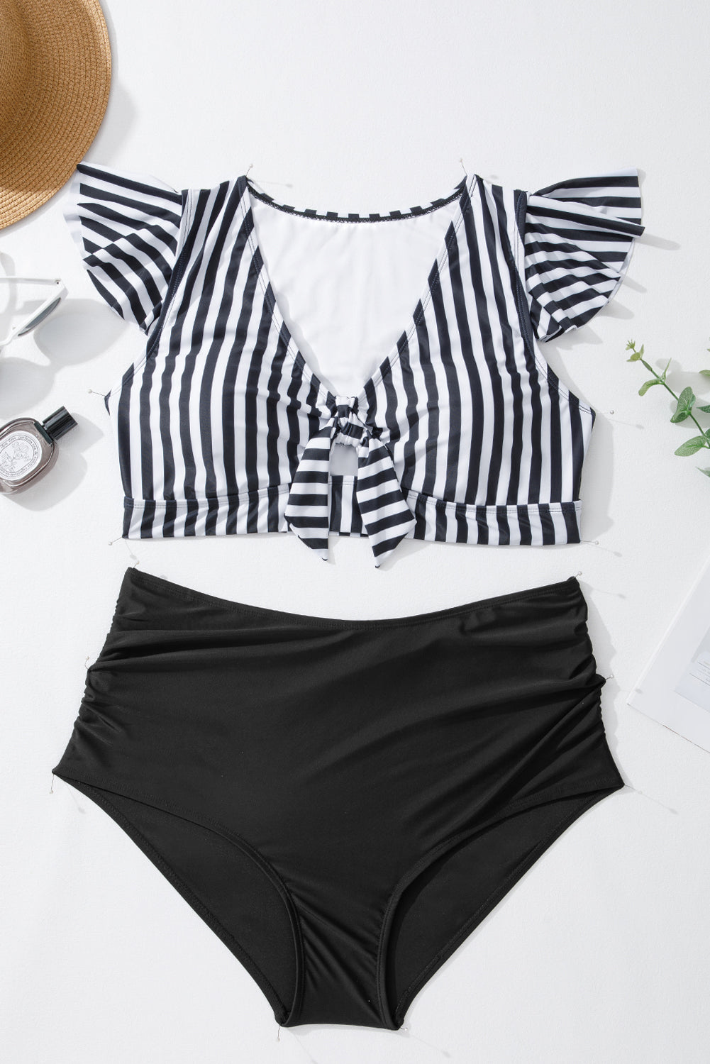 Black Stripe Plus Size Knot Cutout Ruffle Sleeve and High Waist Swimsuit Set