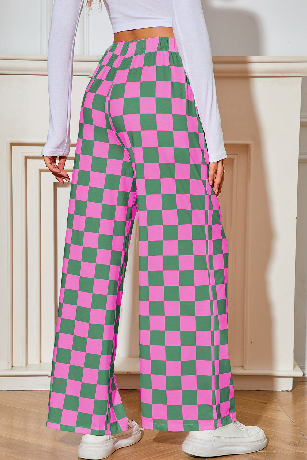 Red 2-Tone Checked Print High Waist Wide Leg Pants
