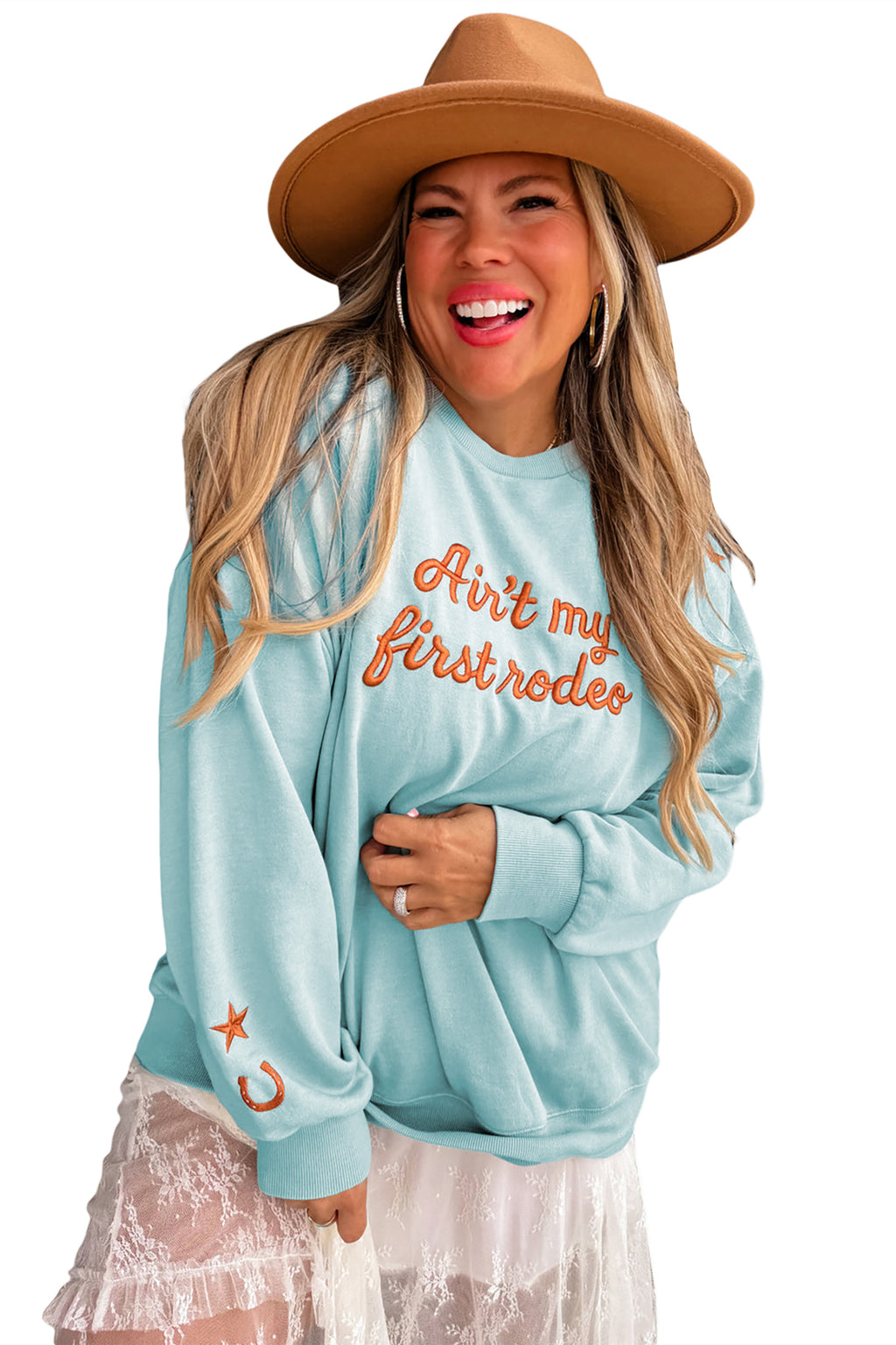 Haze Blue Letter Print Round Neck Loose Fit Long Sleeve Plus Size Sweatshirt
