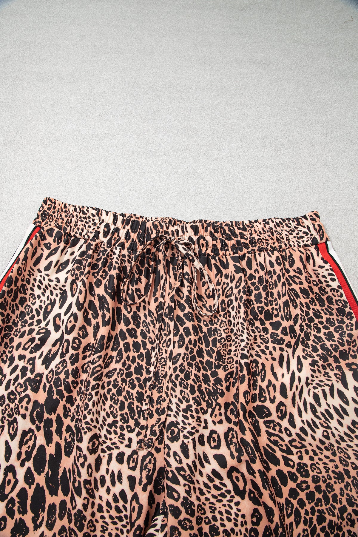 Khaki Leopard Print Colorblock Side Stripes Wide Leg Full Length Plus Size Pants