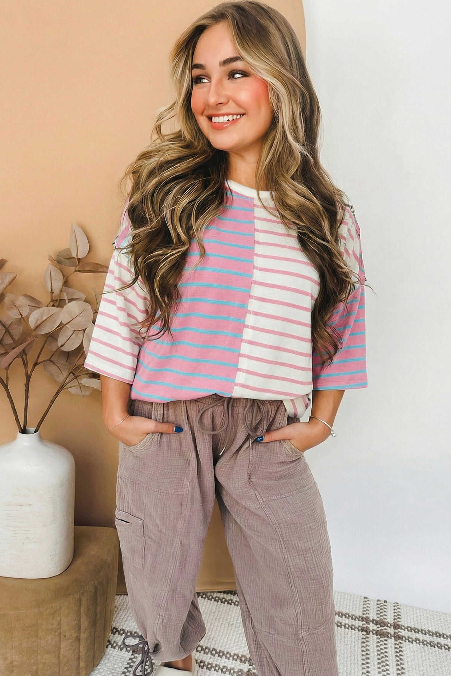 Green Stripe Colorblock 3/4 Sleeve Loose T Shirt