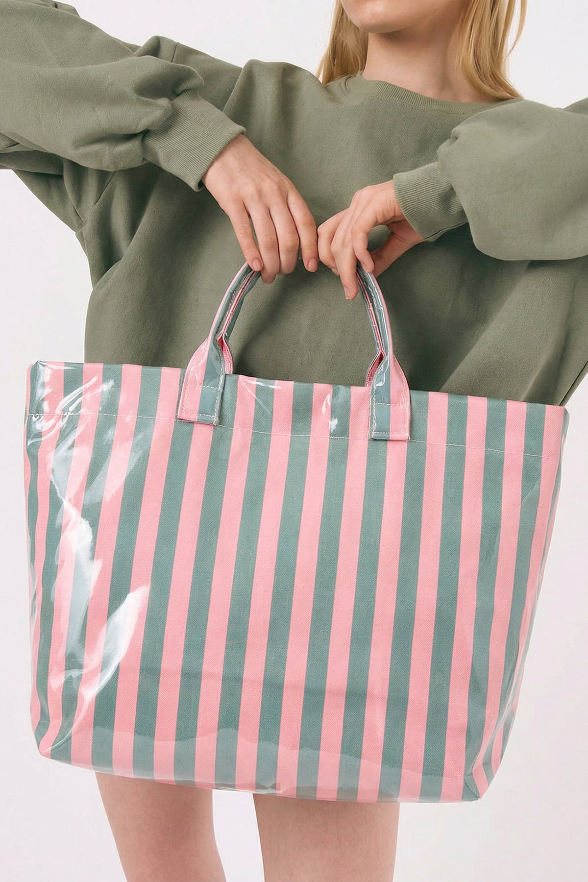 Light Blue Glossy Striped Vinyl Large Tote Bag (Color Varied)