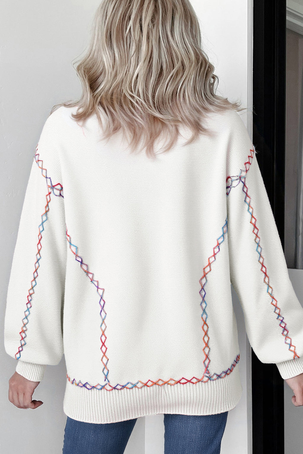 Orchid Bouquet Rainbow Stitching Balloon Sleeve Relaxed Sweater