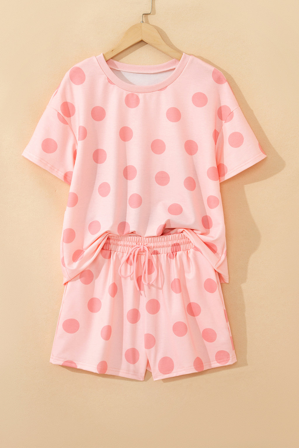 Sky Blue Polka Dot Print Loose Tee Drawstring Elastic Waist Short Set