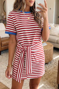 Red Nautical Tie Contrast Trim Round Neck T Shirt Mini Dress