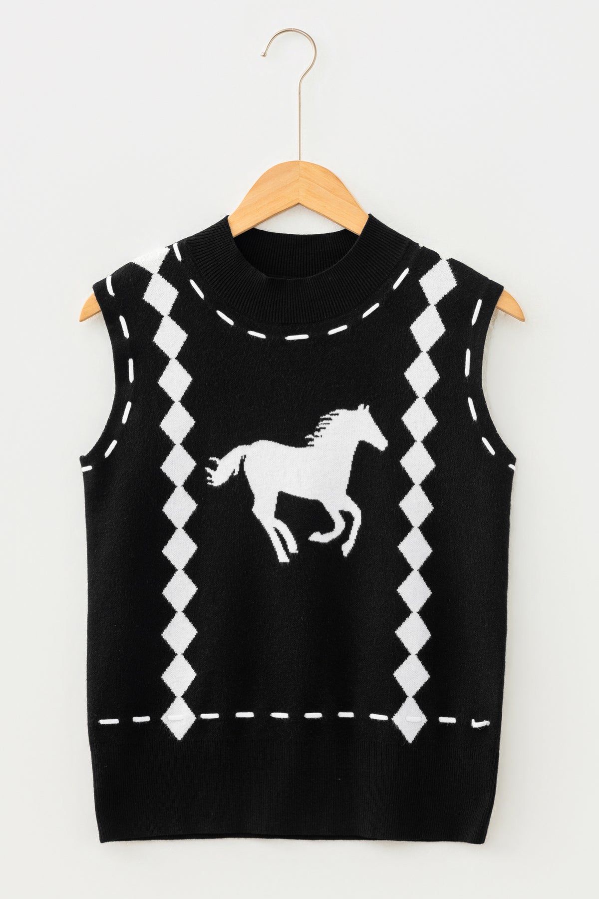 Black Western Horse Geometric Print Mock Neck Sweater Vest
